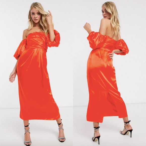ASOS Dresses & Skirts - NWT ASOS orange satin off shoulder midi dress